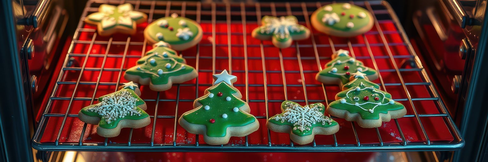 Deliciously decorated Christmas cookies baking in an oven with festive shapes and vibrant colors